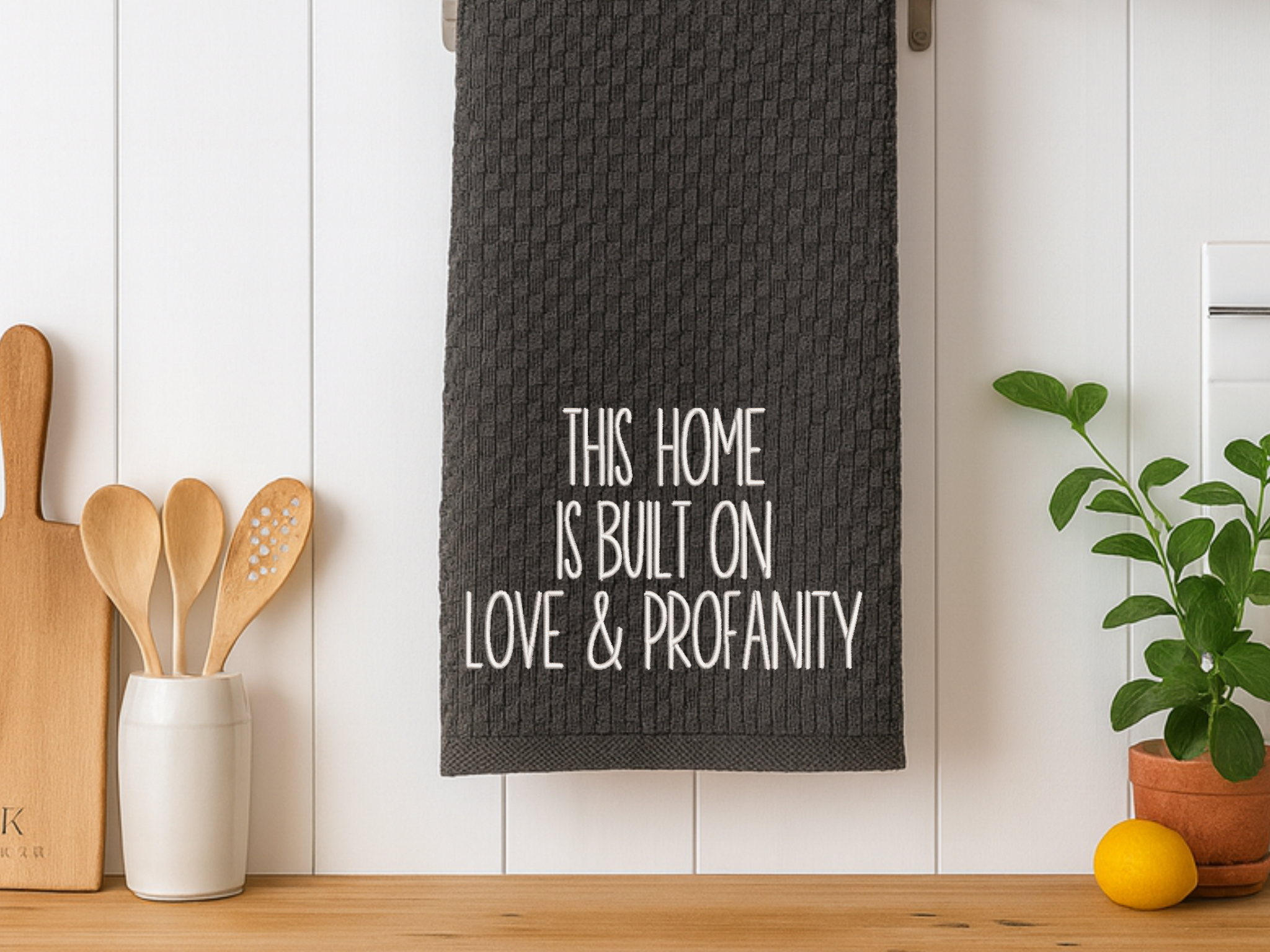 Love & Profanity Embroidered Kitchen Towel