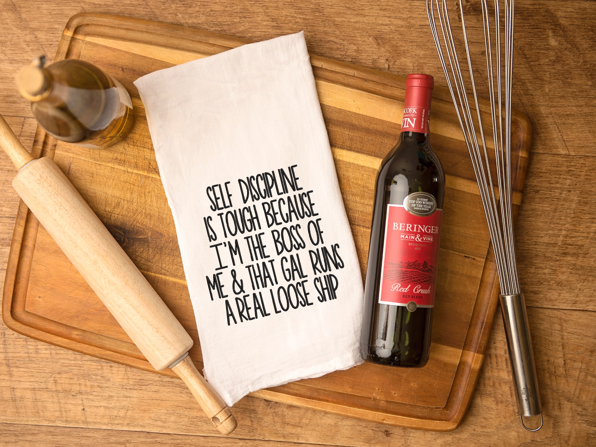 Funny Wine Embroidered Kitchen Towel, Self Discipline