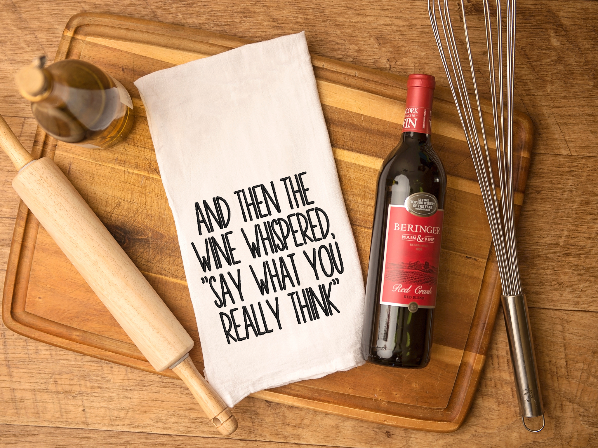 Funny Wine Embroidered Kitchen Towel, And then the wine