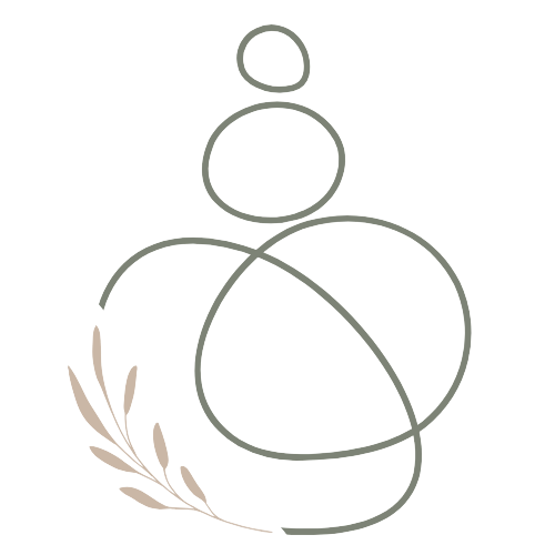 Minimalist black and white illustration of a snowman with a circle for a head, a larger circle for a body, and a small circle for a base, accented with a branch of leaves on the lower left.