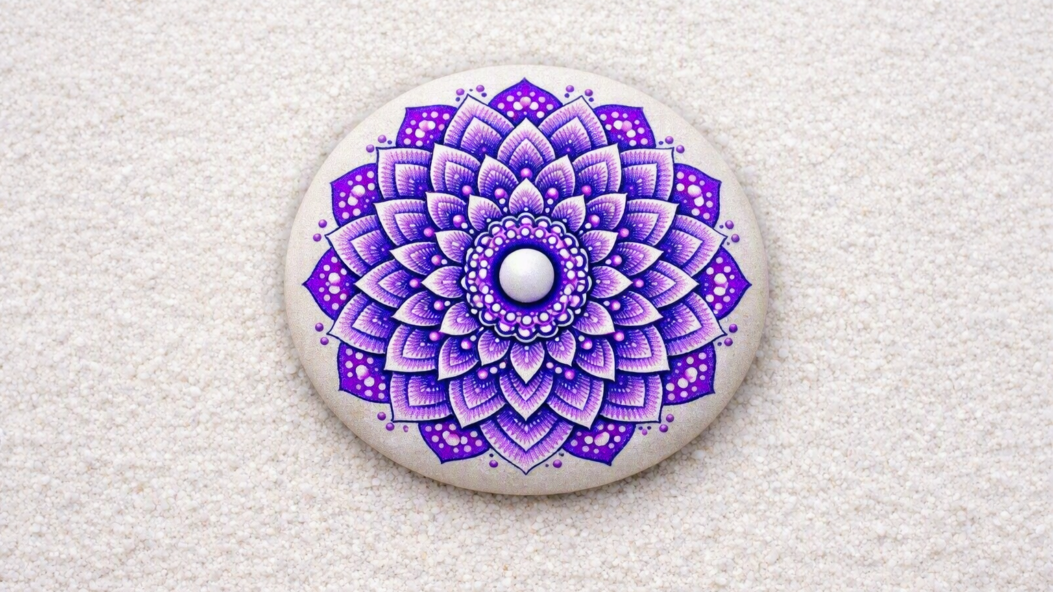 A stone painted with a purple mandela