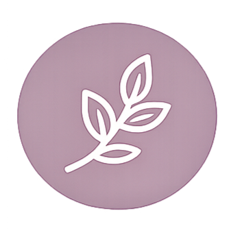 A purple circular button with a white line drawing of a plant with three leaves.
