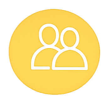 Yellow circular icon with white outline drawing of two people side by side.