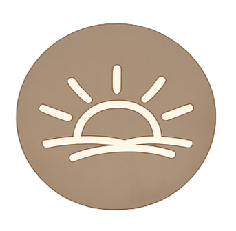 A beige circular object with a white sun setting over hills symbol.