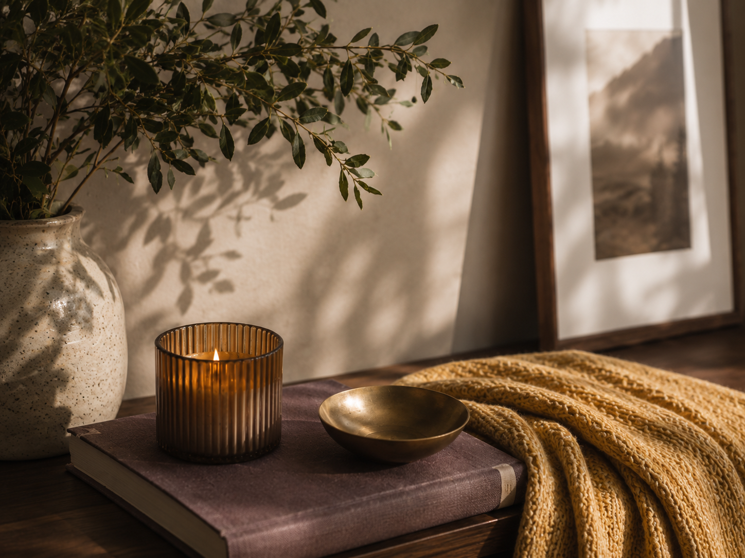 Decorative interior scene with a large vase with green foliage, a lit candle in a ribbed amber glass holder, a metallic bowl, a closed book, a textured yellow blanket, and framed artwork in the background.