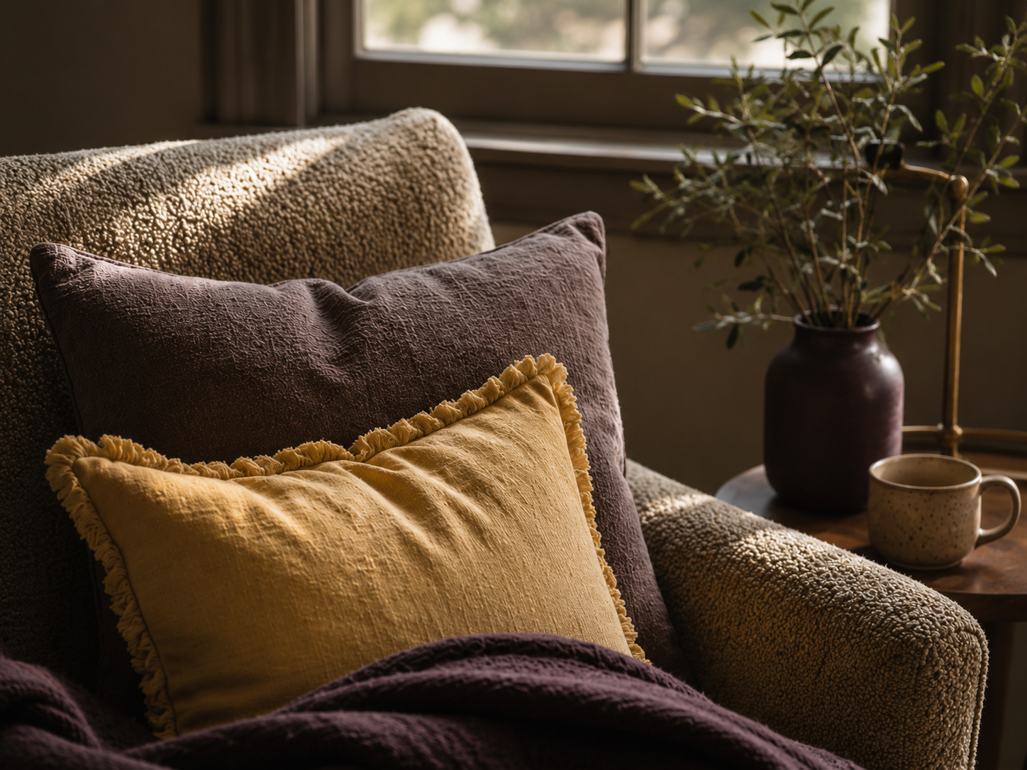 A cozy living room corner with a textured beige sofa, a mustard yellow pillow with tassels, a purple pillow, a small wooden side table with a potted plant, a ceramic mug, and a window with natural sunlight.