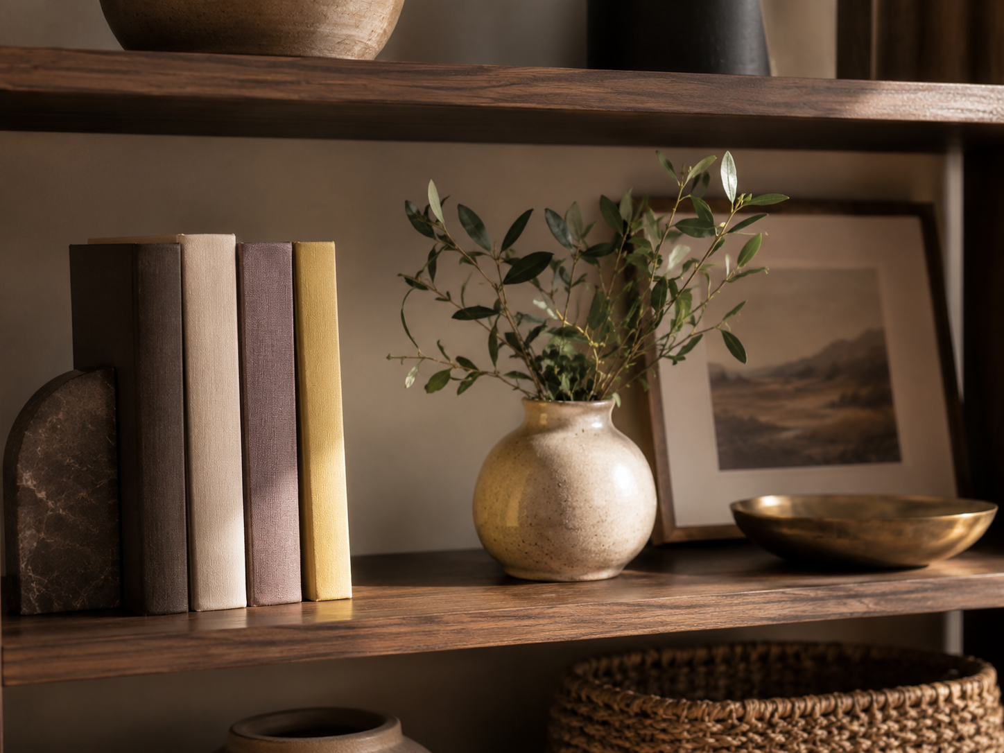 Wooden bookshelf with five hardcover books, a decorative stone, a creamy ceramic vase with green leafy branches, a framed landscape painting, and a brass bowl.