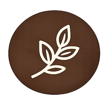 A white leaf logo on a brown circular background.