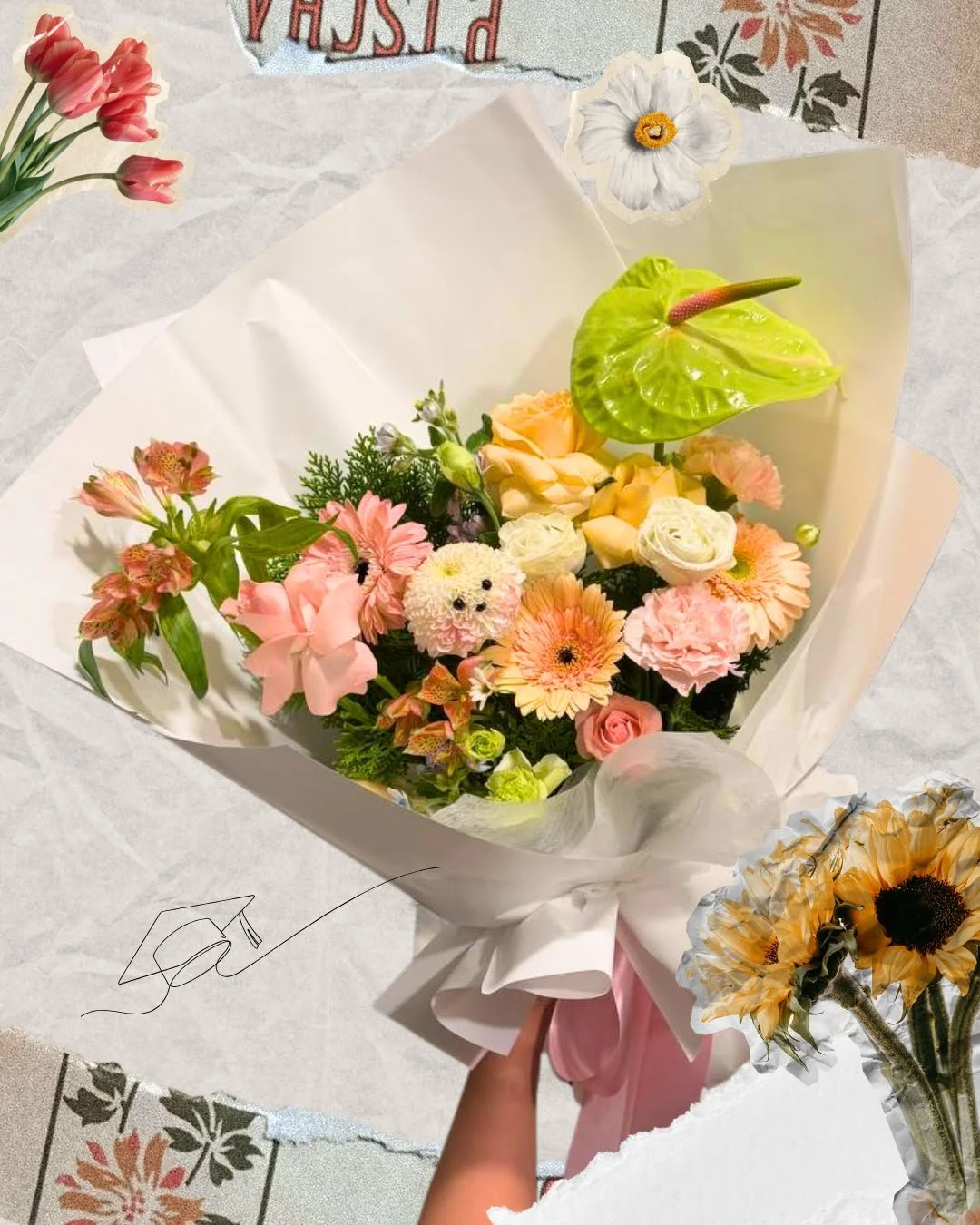 A bouquet of mixed flowers including pink roses, daisies, and other colorful flowers, wrapped in white paper with a pink ribbon. There are some flower stickers visible around the image.