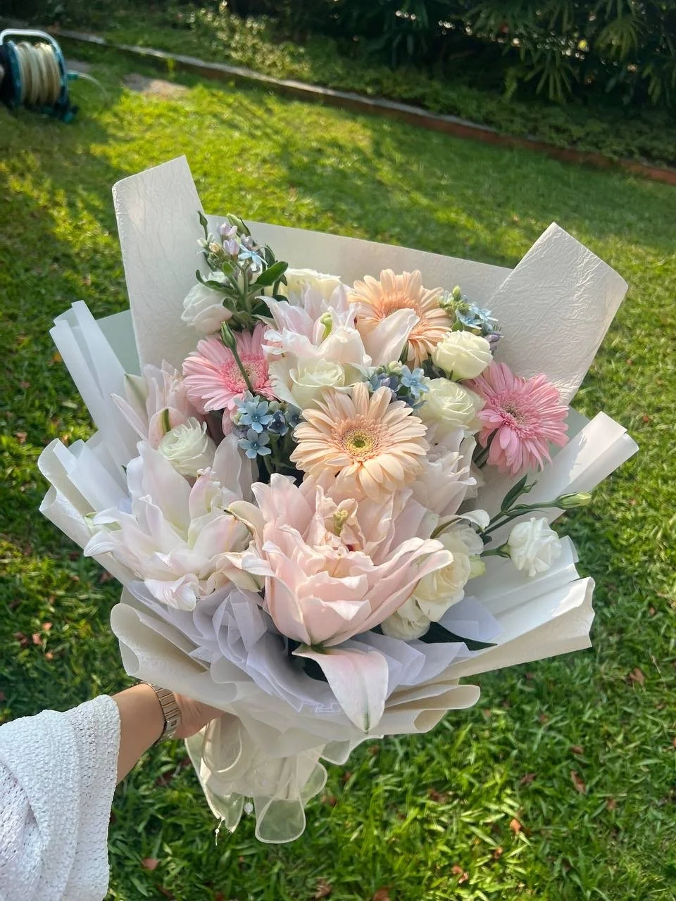 A hand holding a bouquet of assorted pastel-colored flowers including roses, gerbera daisies, and small blue flowers, wrapped in white paper, with a lawn and garden hose in the background.
