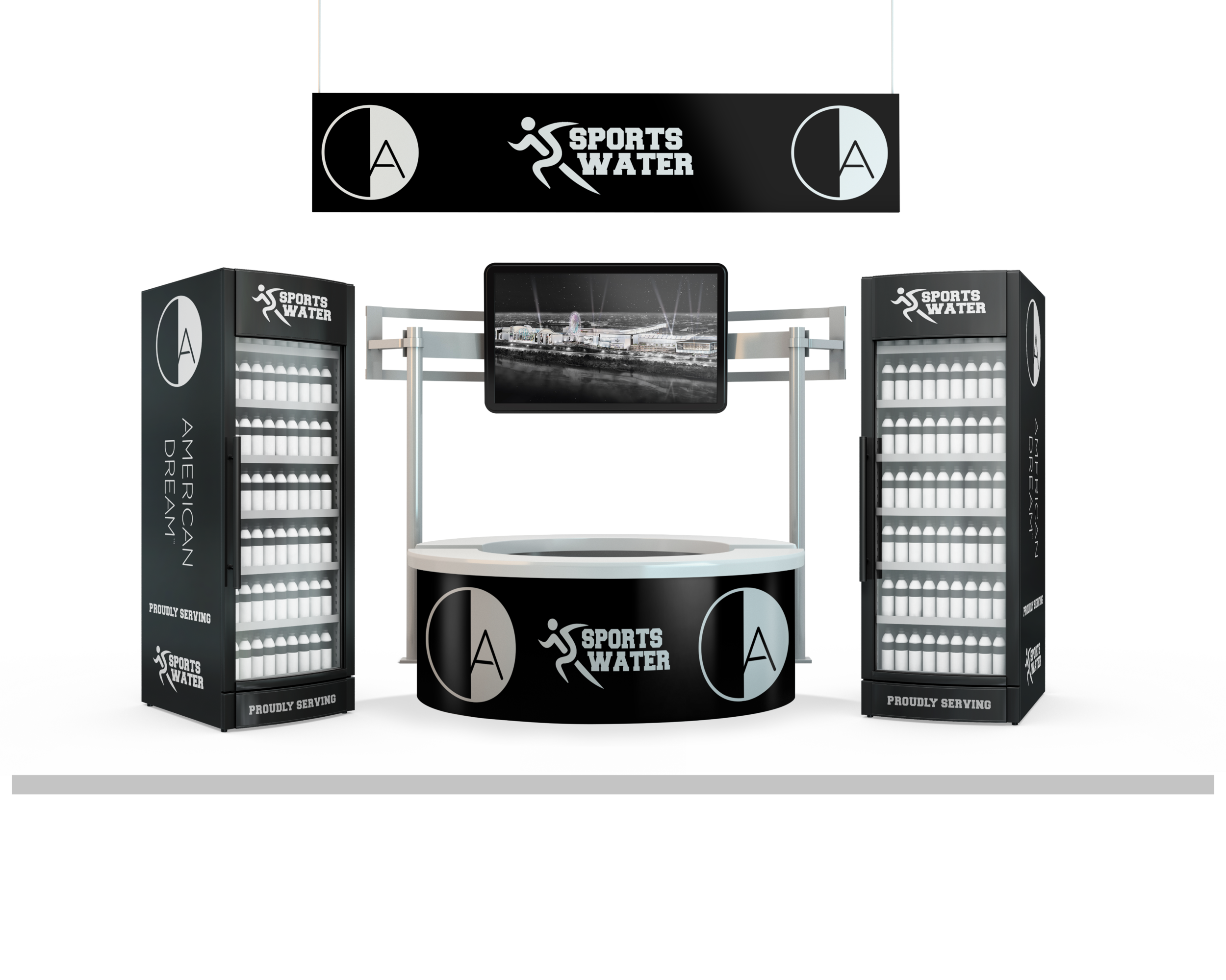 Exhibition booth for Sports Water featuring drink refrigerators, a display screen, and branding with black and gray colors.