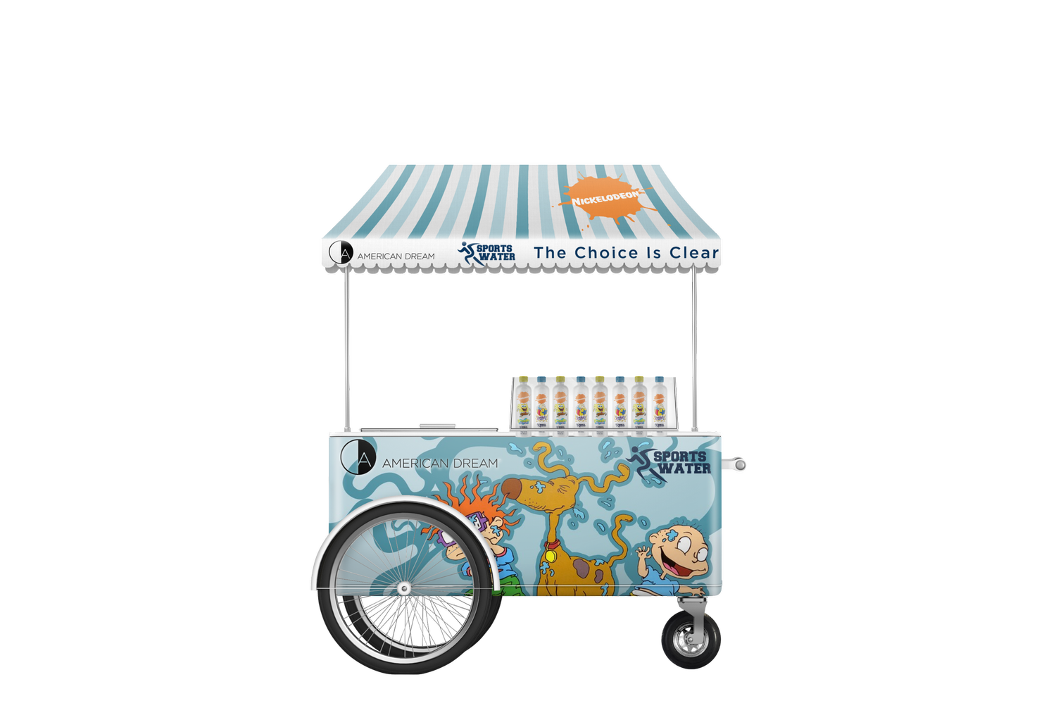 Sports Water x Nickelodeon Rugrats branded water push cart for American Dream — striped awning reading "The Choice Is Clear," Rugrats character wrap and a display tray of branded bottles. By Leonard "Lenny Kats" Katsel