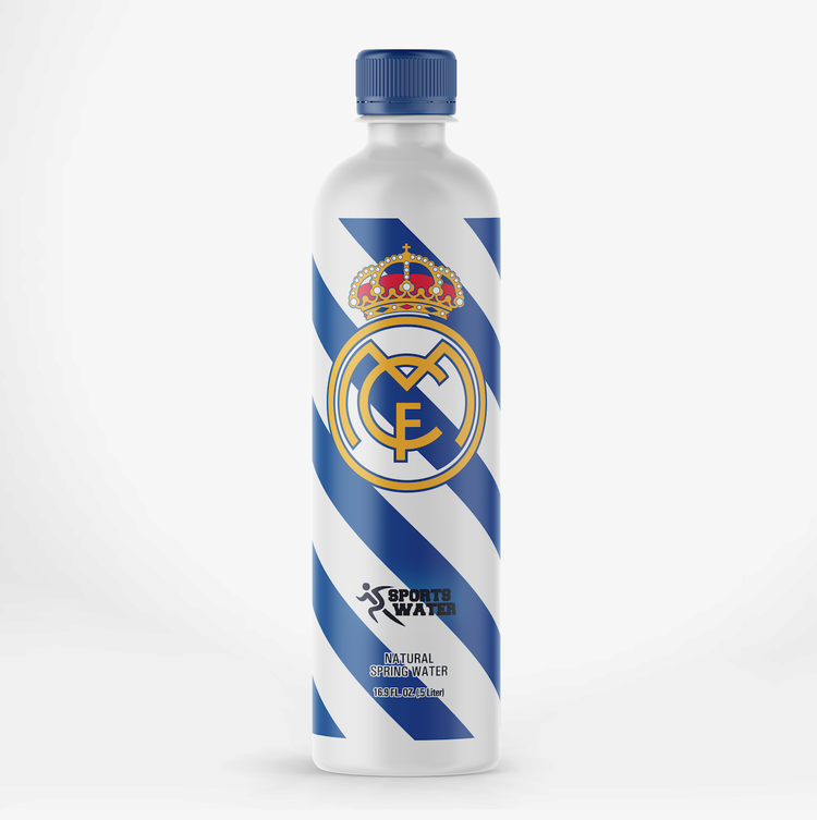 Sports Water Real Madrid branded water bottle, white bottle with diagonal blue stripe wrap, club crest at center and a navy cap by Leonard Lenny Kats Katsel.