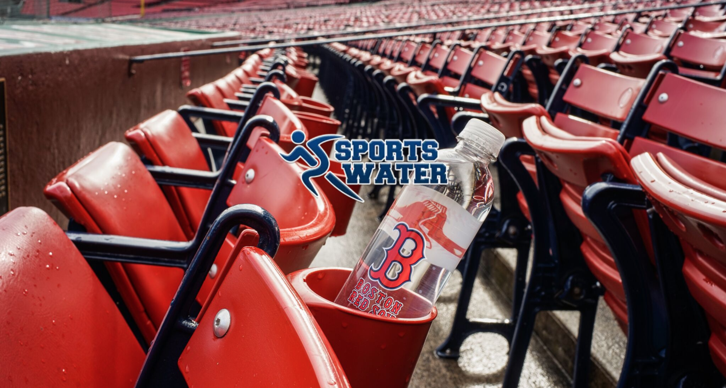 Sports Water Boston Red Sox branded bottle in a red seat cupholder at Fenway Park, product photography by Leonard Katsel | Lenny Kats