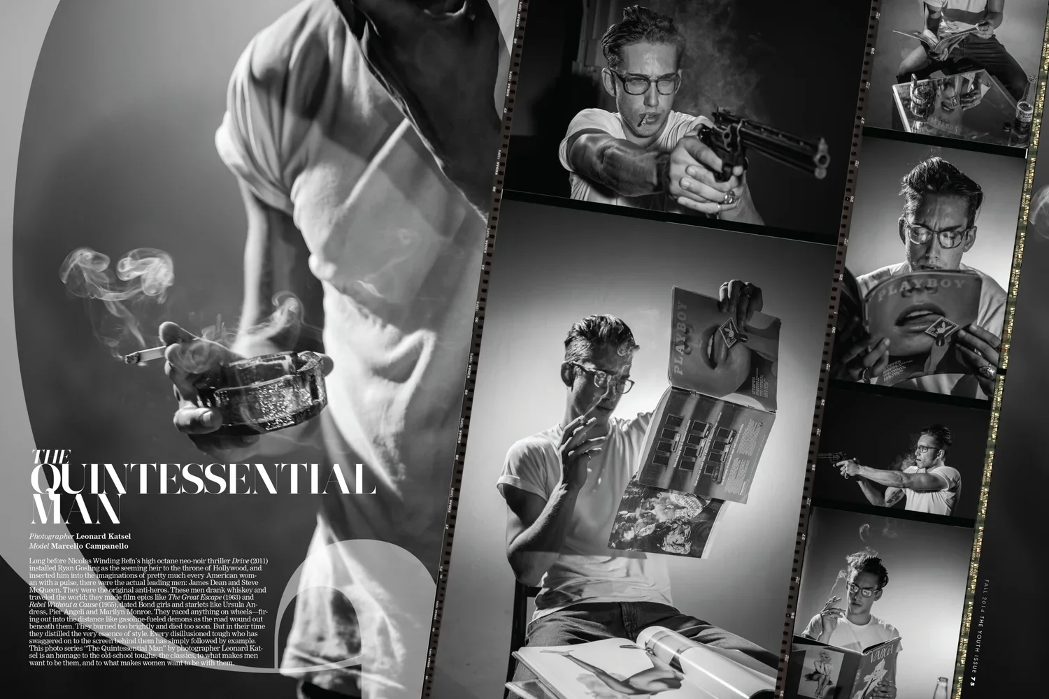 Published black and white print editorial spread titled 'The Quintessential Man' in Beautiful Savage Magazine. Photography and art direction by Leonard 'Lenny Kats' Katsel, featuring model Marcello Campanello in a James Dean-inspired studio shoot. Th