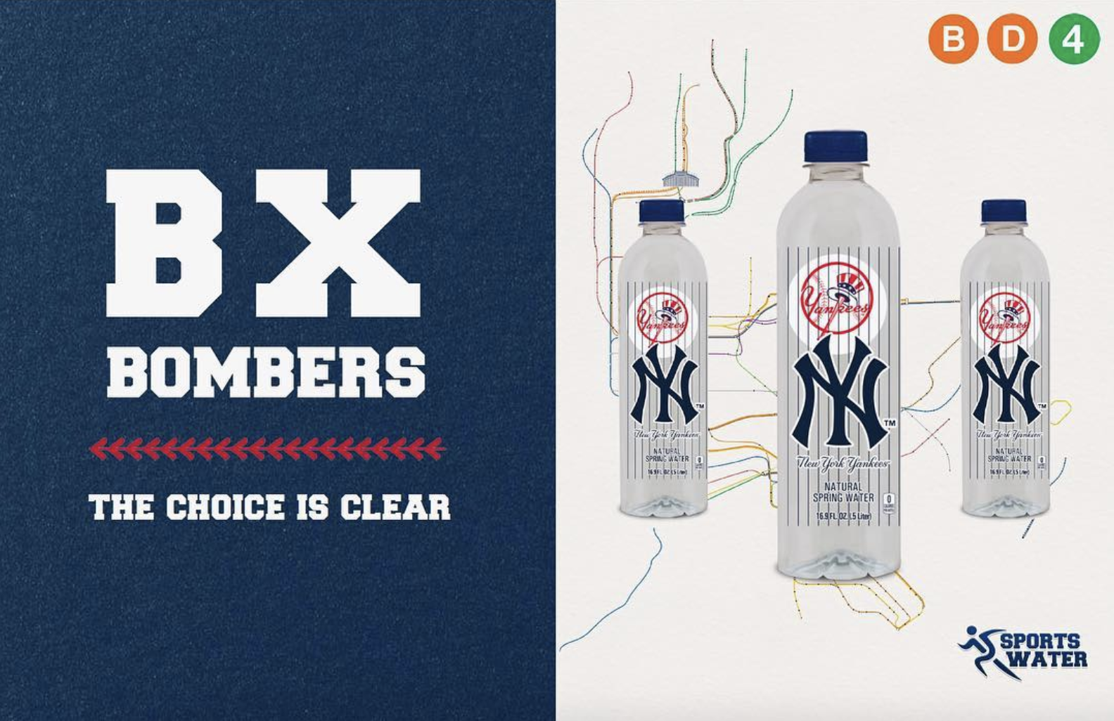 "BX Bombers The Choice Is Clear" New York Yankees MLB Playoffs promotional graphic featuring Go Sports Water's officially licensed Yankees co-branded natural spring water bottles set against an NYC subway map with the B, D, and 4 trains marking the r
