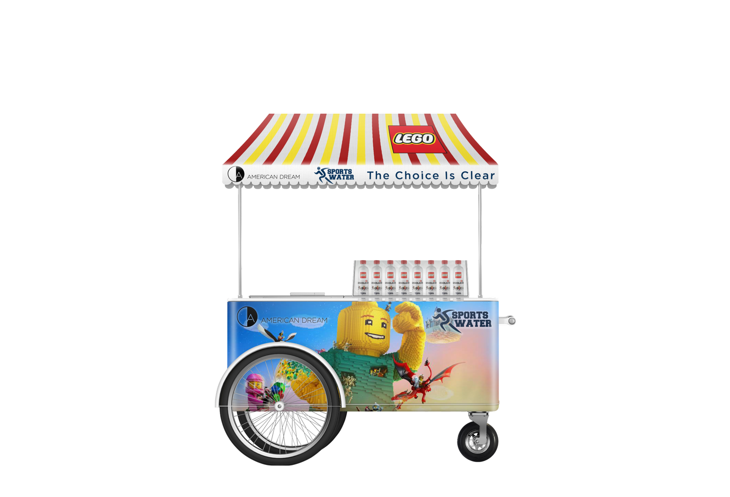 Sports Water x LEGO branded water push cart for American Dream, red and yellow striped awning with LEGO logo, brick-built mini-figure mural wrap and a tray of LEGO-labeled bottles.