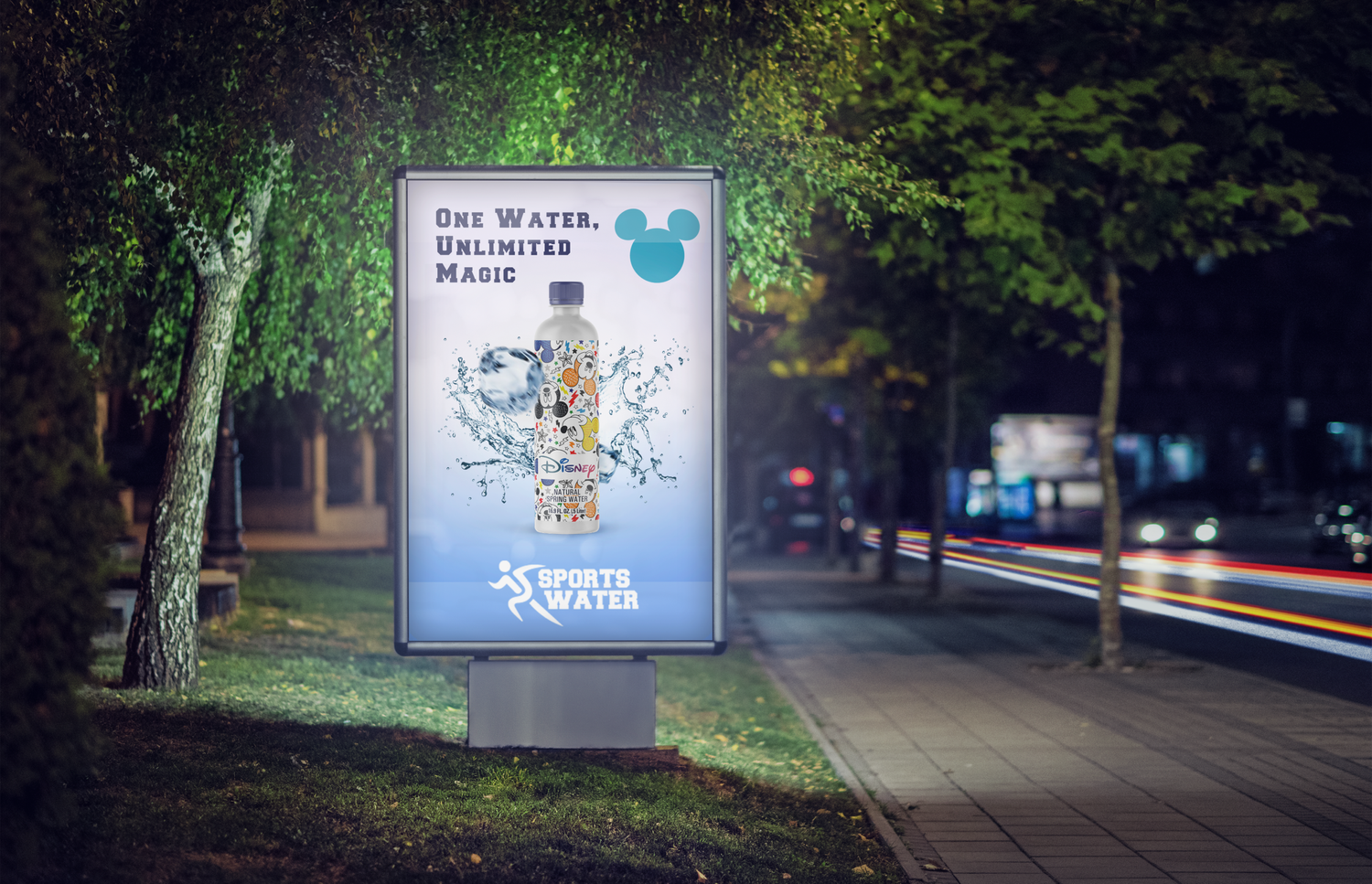 Sports Water x Disney out-of-home ad, illuminated street billboard at night reading "One Water, Unlimited Magic," with a character-pattern bottle in a water splash. By Leonard Lenny Kats Katsel