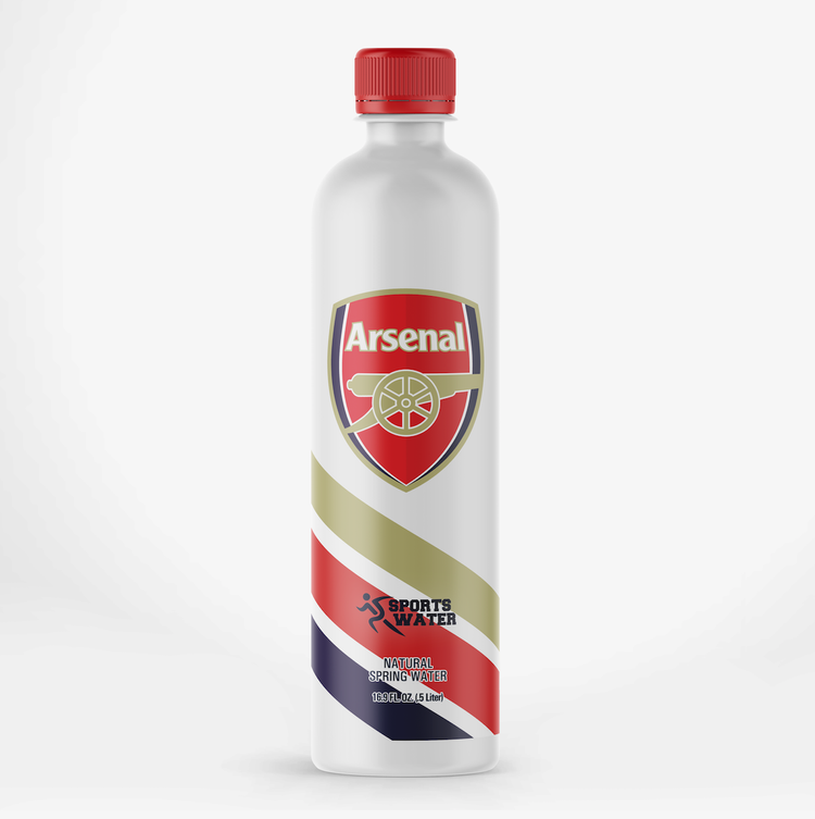 Sports Water Arsenal FC branded water bottle, white bottle with the Arsenal crest, diagonal gold, red and navy bands, and a red cap. By Leonard "Lenny Kats" Katsel