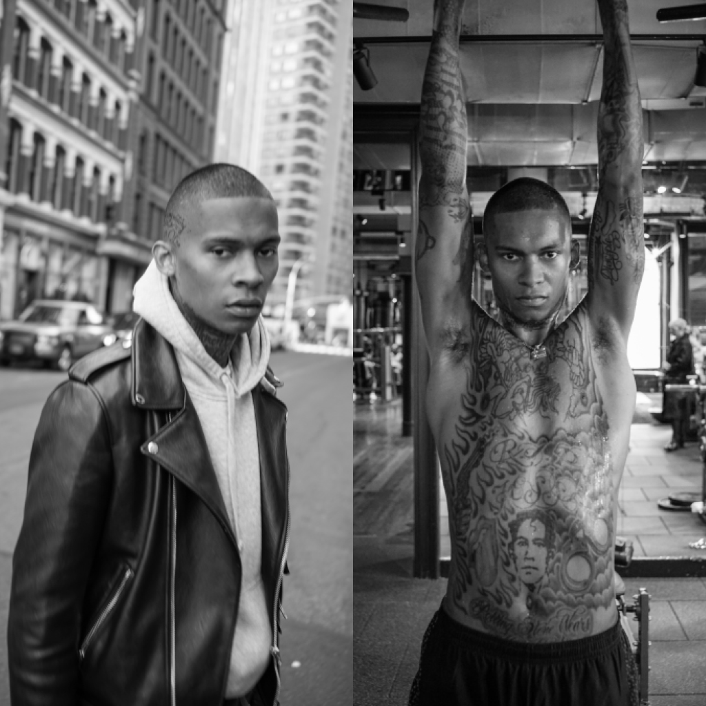 Don Lopez (@donlopezdadon) tattooed male model in NYSC Come Dry Leave Wet campaign - street style in leather jacket and hoodie next to shirtless gym pull-up showing full body tattoos, black and white NYC photography
