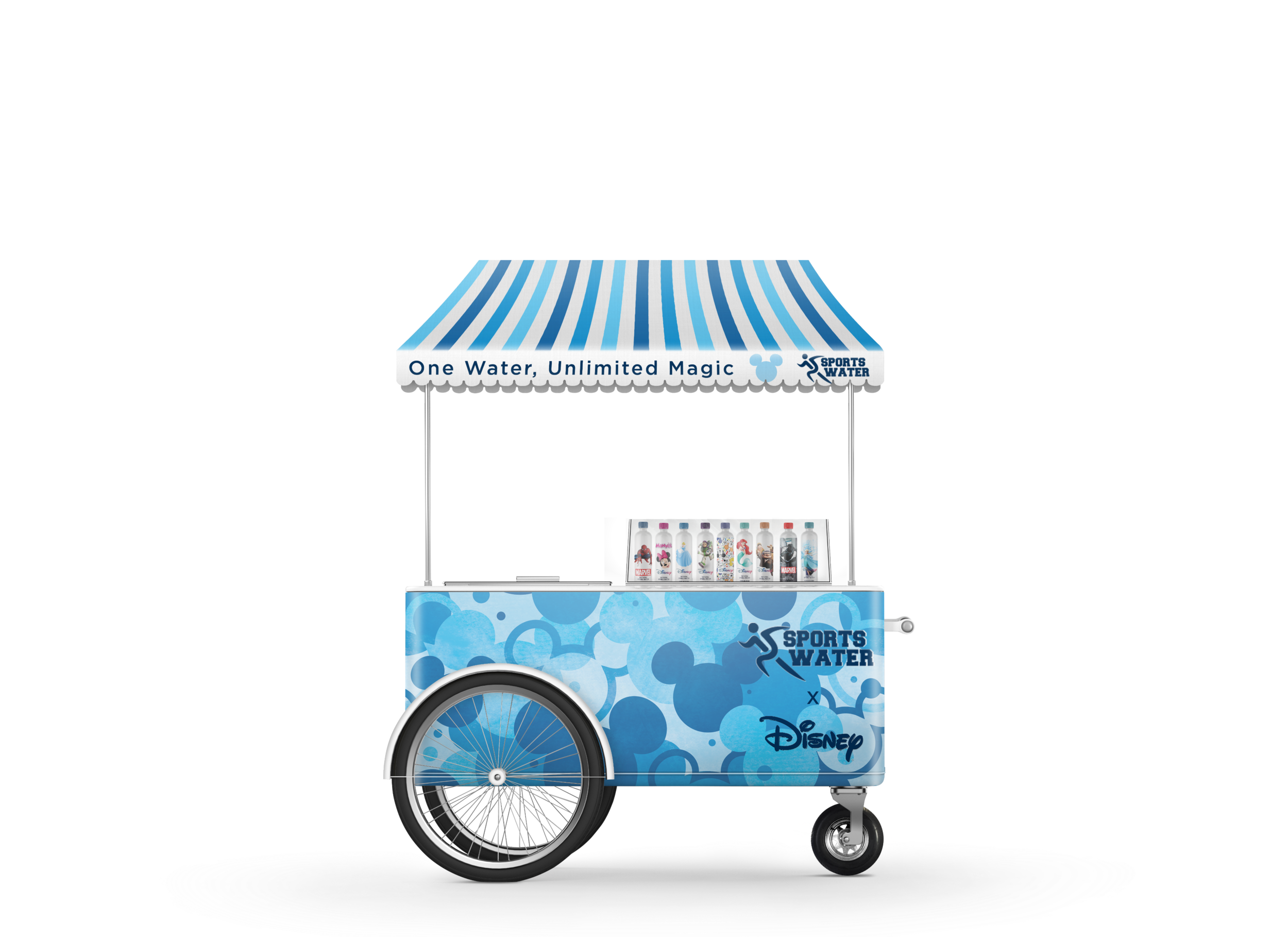 Sports Water x Disney branded water push cart, blue striped awning reading "One Water, Unlimited Magic," Mickey silhouette pattern wrap and a display tray of character-labeled bottles. By Leonard "Lenny Kats" Katsel