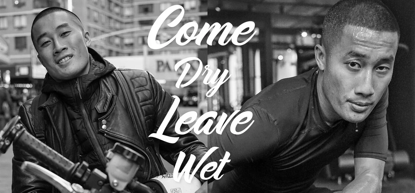 Peter Giang (@petergiangbang) male model posing on motorcycle in leather jacket for NYSC New York Sports Club "Come Dry Leave Wet" fitness campaign in NYC - black and white portrait