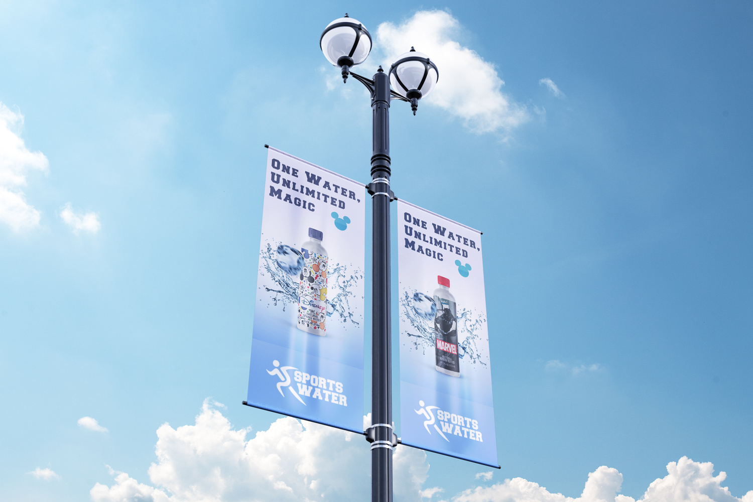 Sports Water x Disney pole banners, paired lamppost banners reading "One Water, Unlimited Magic," showing the Disney character-pattern bottle and the Marvel bottle against a blue sky. By Leonard Lenny Kats Katsel
