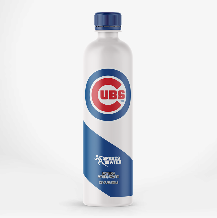 Chicago Cubs branded water bottle design for Sports Water, diagonal sash label system and cap treatment. Packaging and product design by Leonard Lenny Kats Katsel.