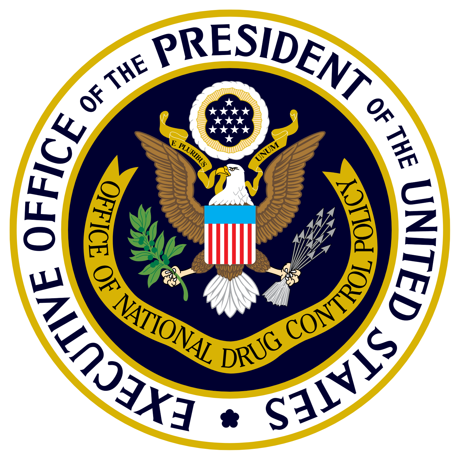 Seal of the U.S. Department of the National Drug Control Policy featuring a bald eagle with a shield, olive branch, and arrows, surrounded by the text 'Executive Office of the President of the United States' and 'Office of National Drug Control Policy'.