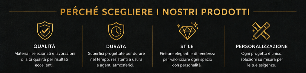Sezione promozionale con testo in italiano che presenta quattro motivi per scegliere i prodotti: qualità, durata, stile e personalizzazione, ciascuno accompagnato da un'icona rappresentativa.