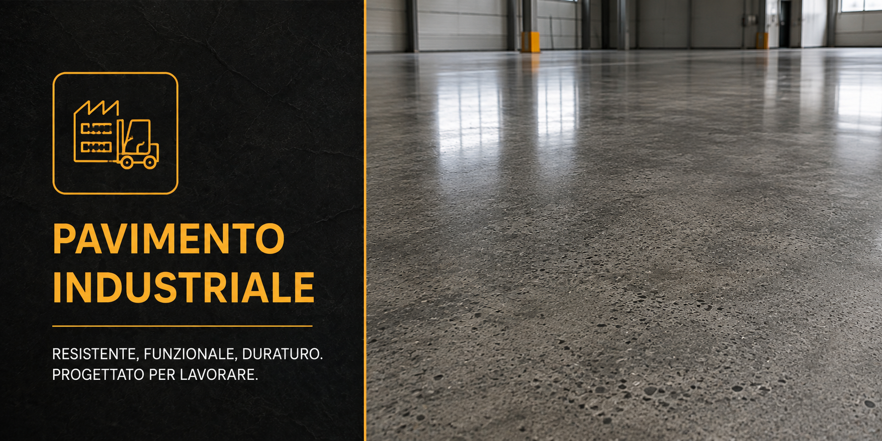 Pavimento industriale in cemento levigato e lucido, con una parte del lato sinistro dedicata a un'infografica con icona di manipolazione industriale e testo in italiano sulle caratteristiche del pavimento.