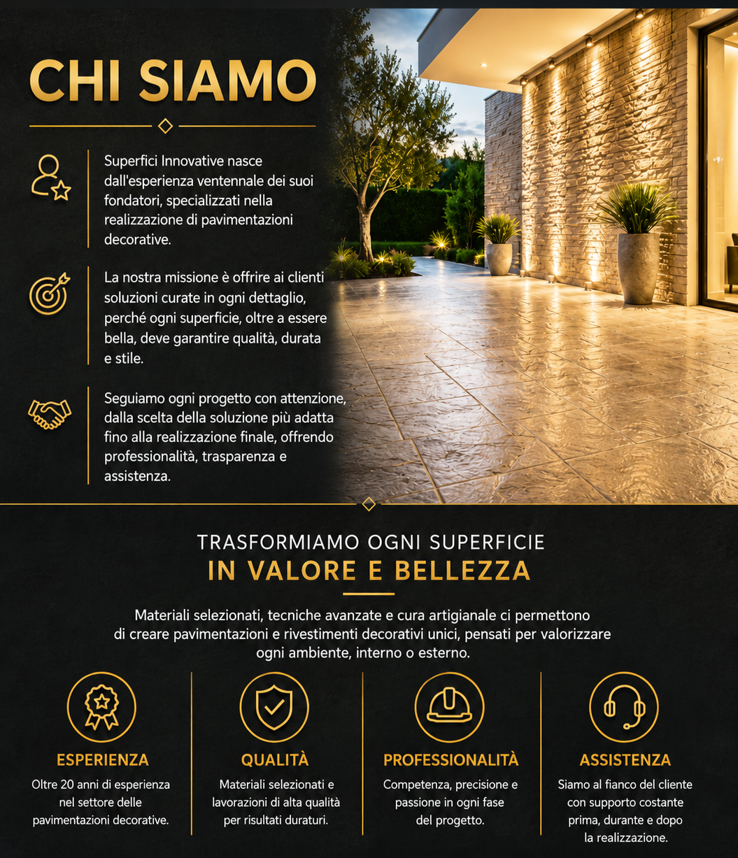 Presentazione di un'azienda di pavimentazioni decorative con immagine di un patio con piastrelle lucide e luci decorative notturne.