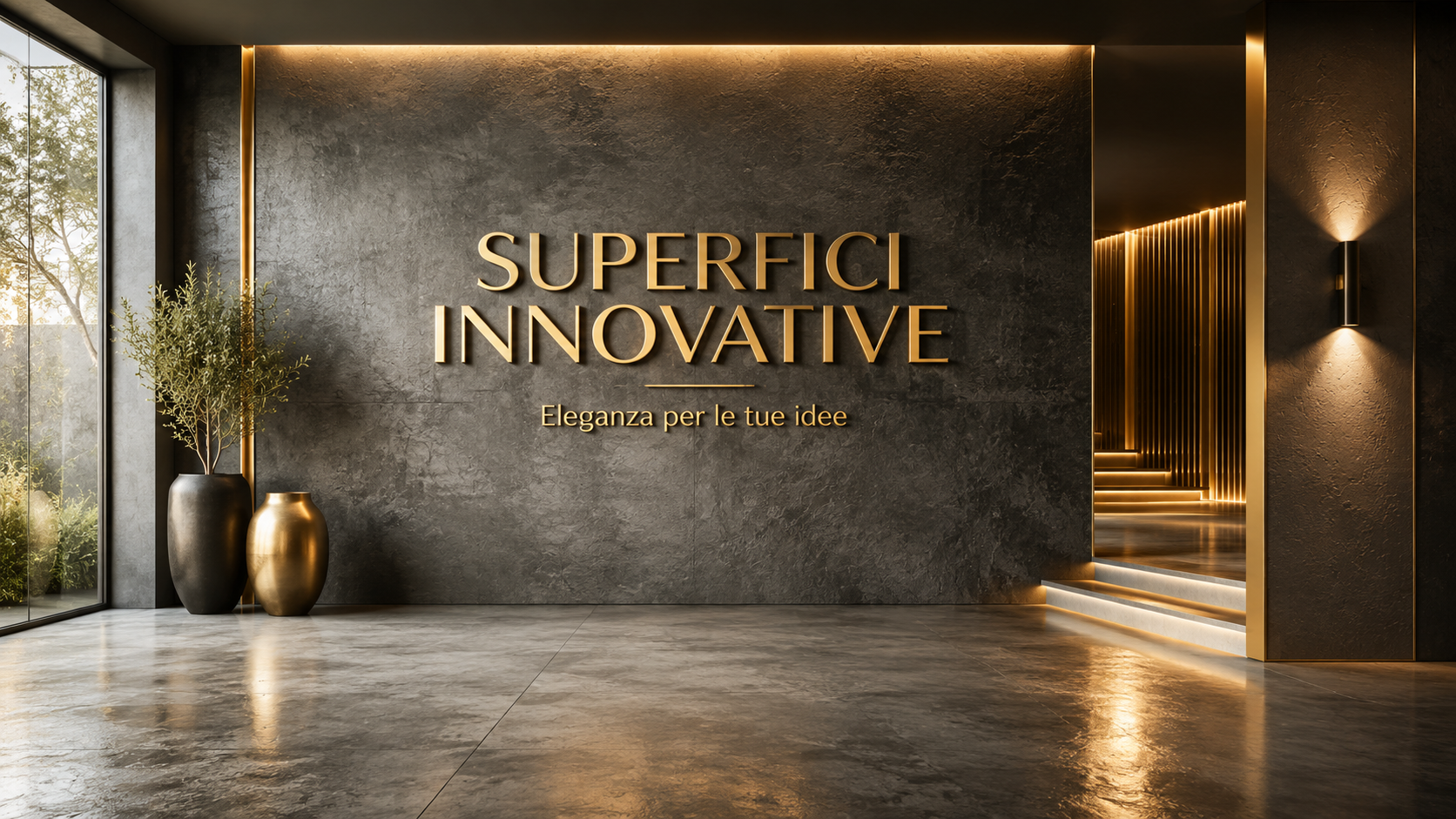 Interno elegante con parete in pietra, due vasi decorativi e luci soffuse: scritta 'Superfici Innovative' e slogan 'Eleganza per le tue idee'.