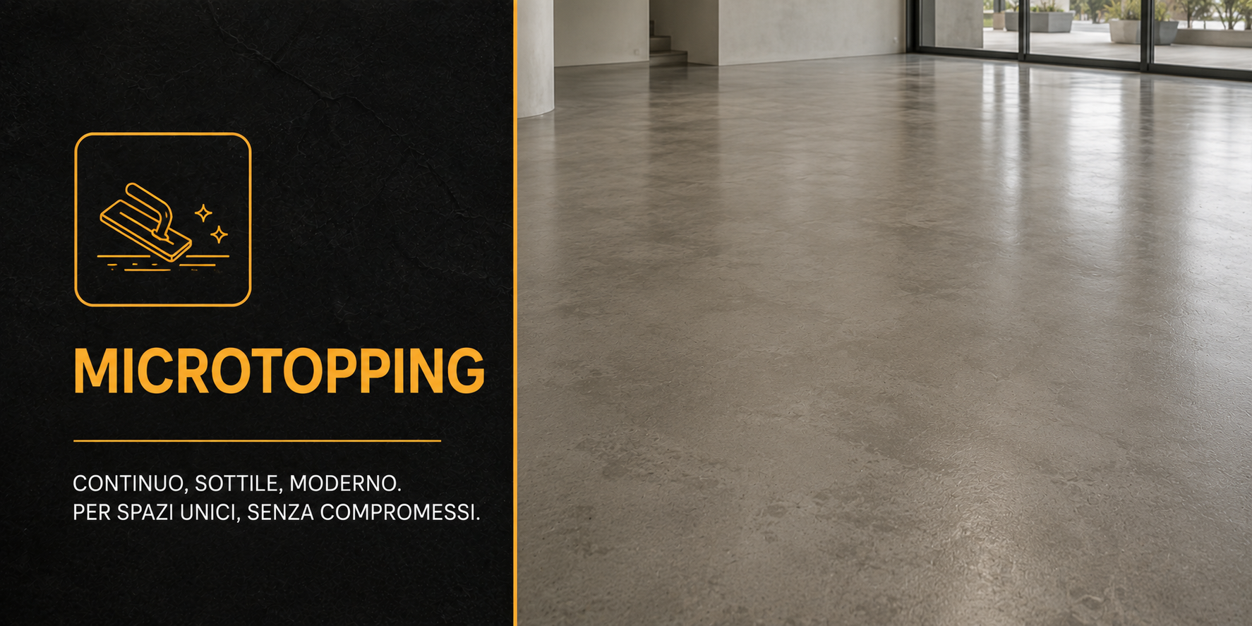 Immagine di un pavimento moderno in microtopping con superficie liscia e lucida, in un ambiente spazioso e luminoso con pareti di cemento e grandi finestre.