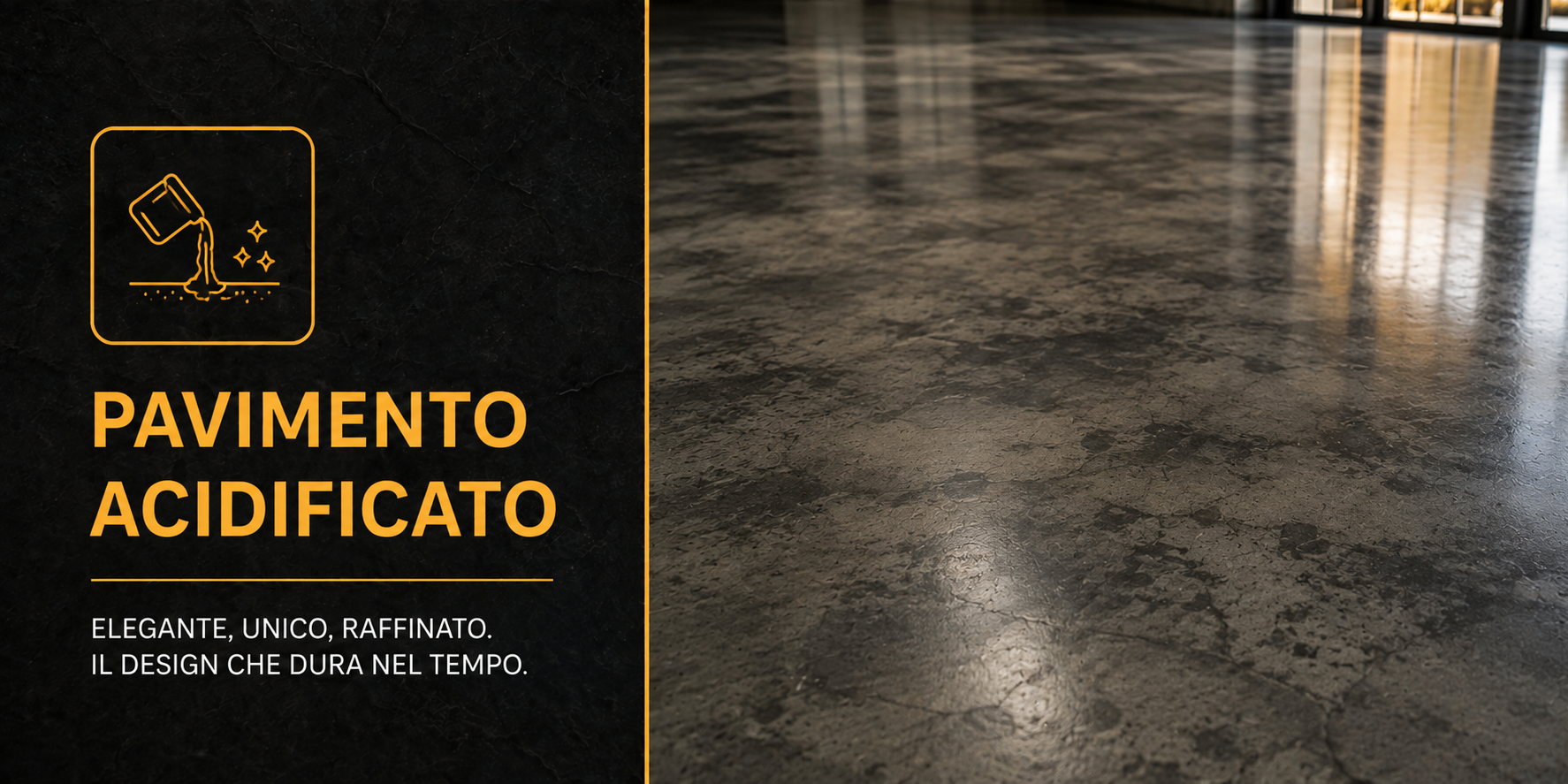 Segnale che indica un pavimento acidificato, con un'icona di vernice e particelle che rappresentano la corrosione, accanto a un pavimento in pietra lucidata e riflettente.