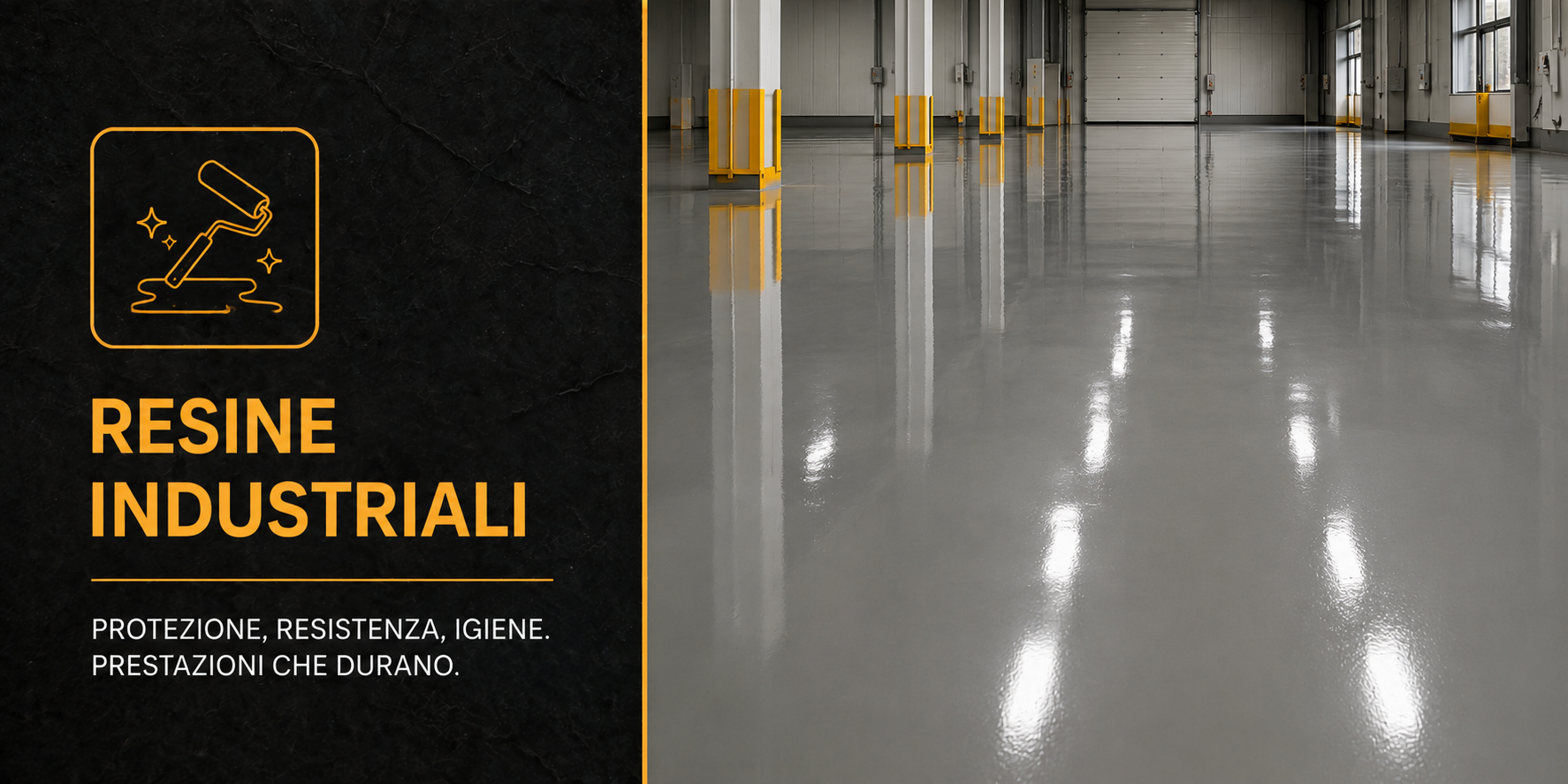Immagine di un magazzino o spazio industriale con pavimenti in resina lucidata e pareti in metallo, con apertura a grande porta e barriera girevole.