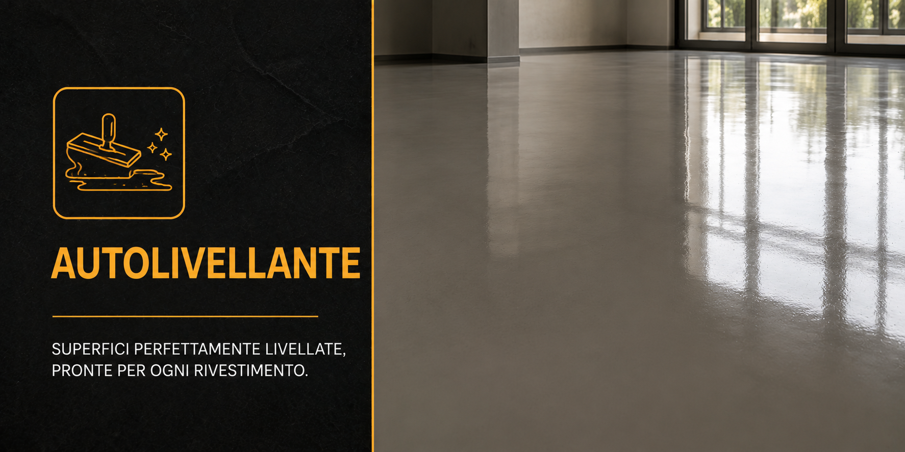 Immagine di un pavimento appena levigato e lucido, con una sezione di sinistra che mostra l'illustrazione di una spatola che lucida e un testo in italiano che promuove superfici levigate e pronte per rivestimenti.