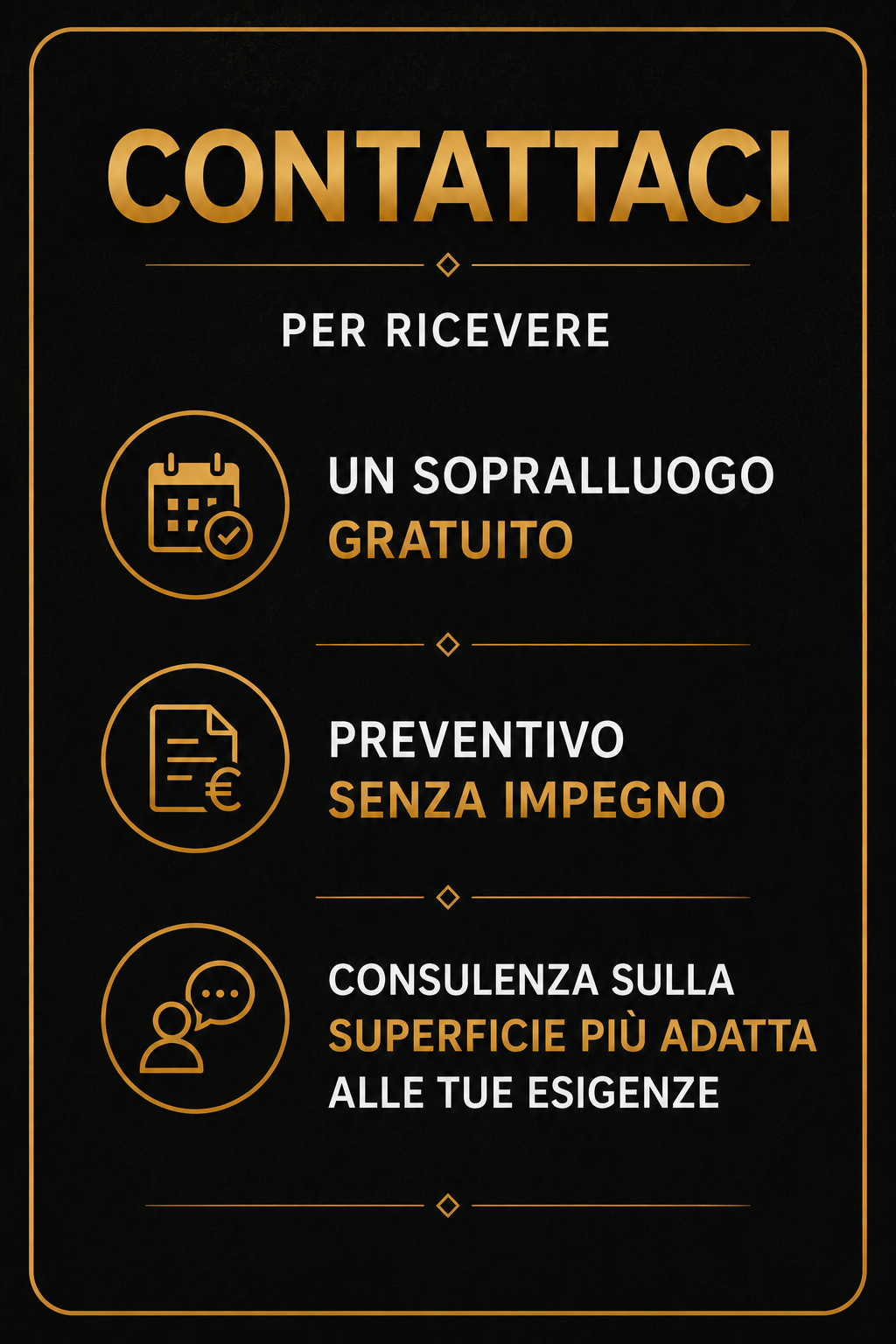 Immagine con testo che invita a contattare per ricevere un sopralluogo gratuito, preventivo senza impegno e consulenza sulla superficie più adatta alle esigenze, con icone di calendario, documento e persona con fumetto.