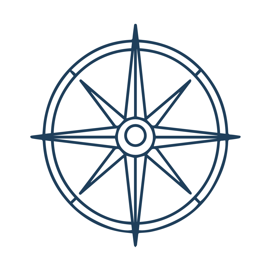 Black background with a blue outline of a compass rose, showing cardinal directions North, South, East, West.