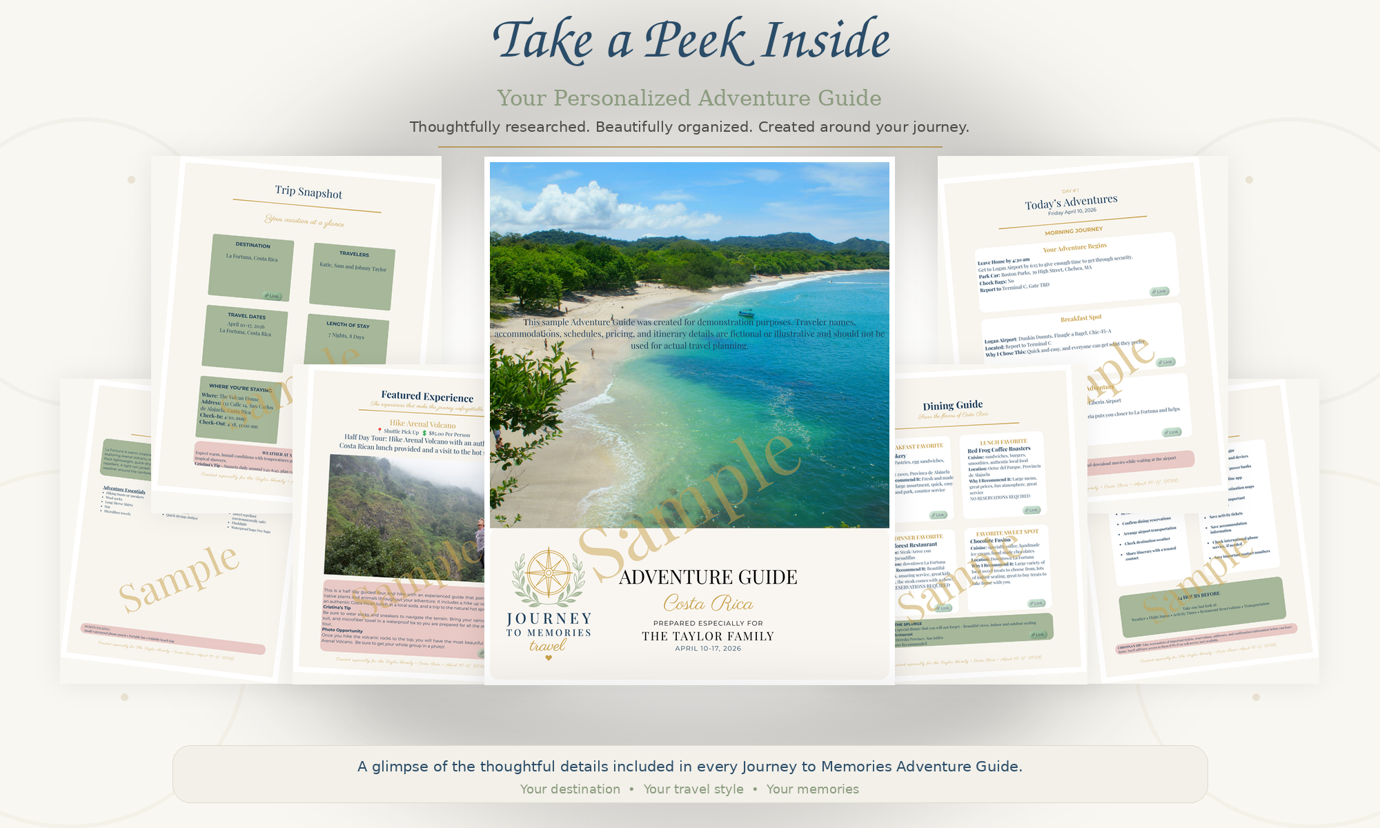 Screenshot of a travel adventure guide webpage featuring a central scenic photo of a beach with greenery and mountains in Costa Rica and multiple sample pages of travel itinerary, accommodations, and experiences for the destination.