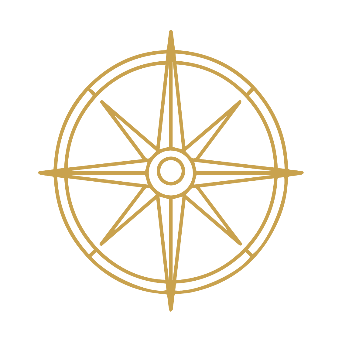 Gold and black compass rose design with multiple points, centered and enclosed in a circle.