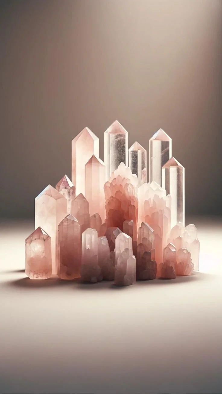 A collection of pink and white salt crystals arranged to resemble a city skyline against a neutral background.