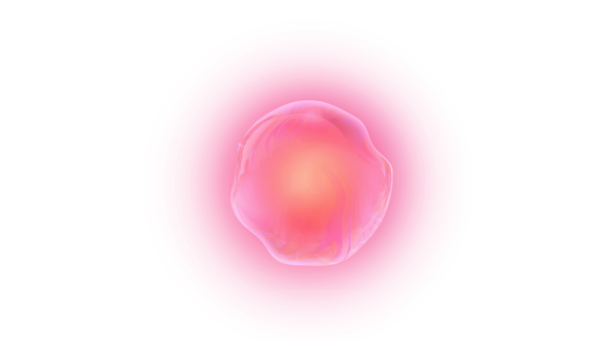 A digital illustration of a glowing, pinkish-cream colored cell or biological structure with a smooth, irregular surface, surrounded by a vibrant red, pink, and purple glowing aura.