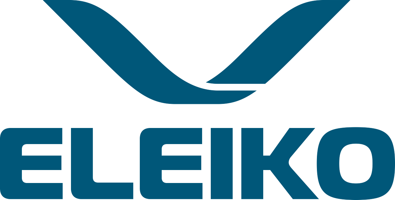 Logo d'Eleiko avec un symbole abstrait en haut et le nom "ELEIKO" en dessous en lettres majuscules bleues.