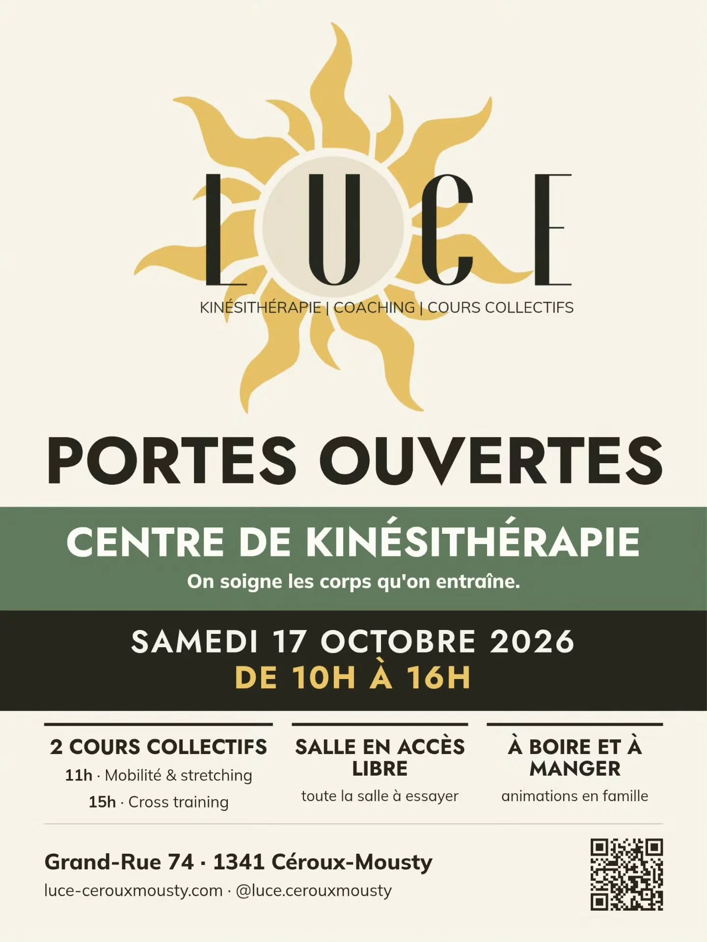 LUCE ouvre ses portes ! ☀️

Rendez-vous le samedi 17 octobre, de 10h &agrave; 16h, &agrave; C&eacute;roux-Mousty, pour d&eacute;couvrir le lieu et rencontrer l'&eacute;quipe.

Un seul endroit pour bouger, se faire accompagner et progresser : kin&eacu