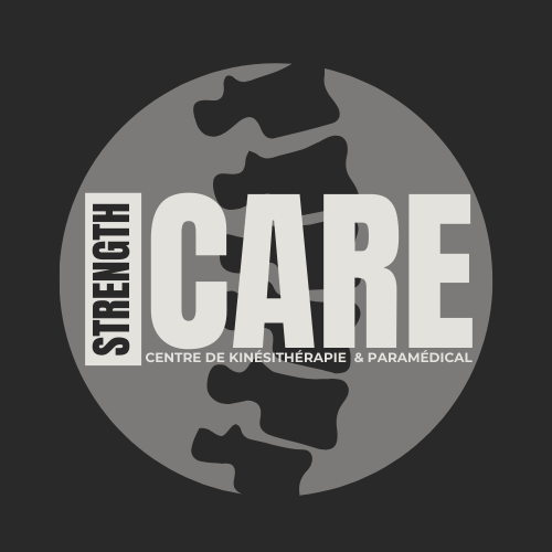 Logo d'un centre de kinésithérapie et paramédical nommé 'StrongCare' avec une image d'une colonne vertébrale stylisée en arrière-plan.