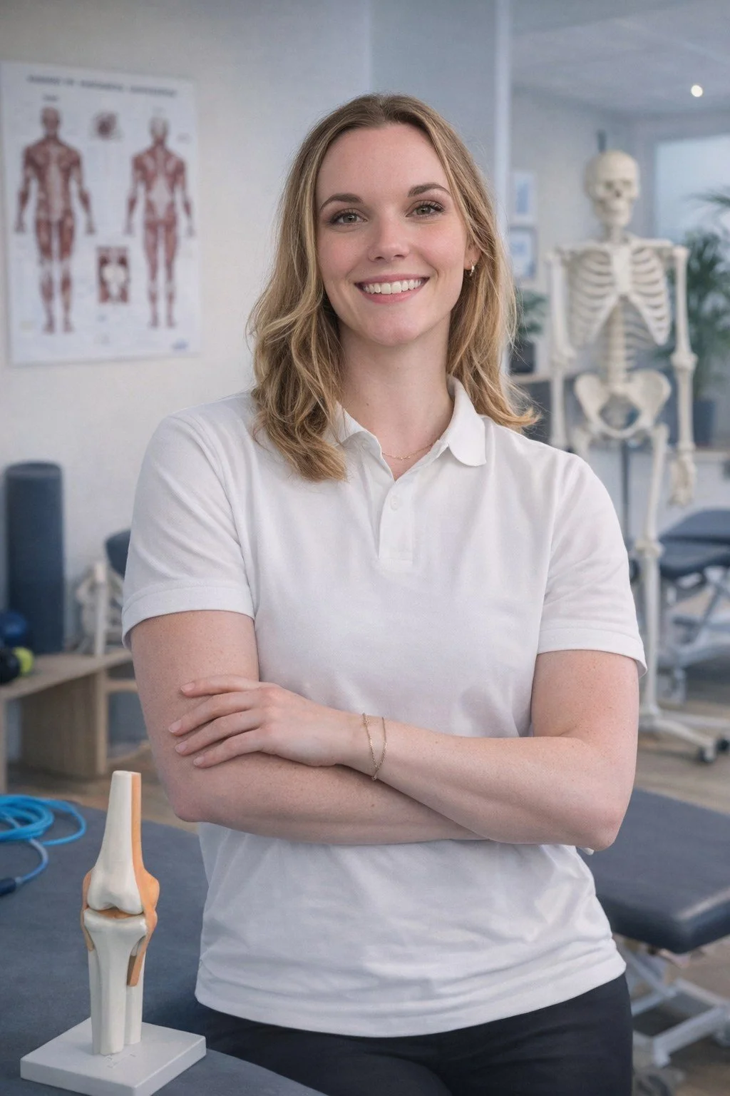 Une femme souriante portant un polo blanc, dans un cabinet de physiothérapie, avec un modèle de genou en plastique sur la table devant elle et un squelette humain en arrière-plan.