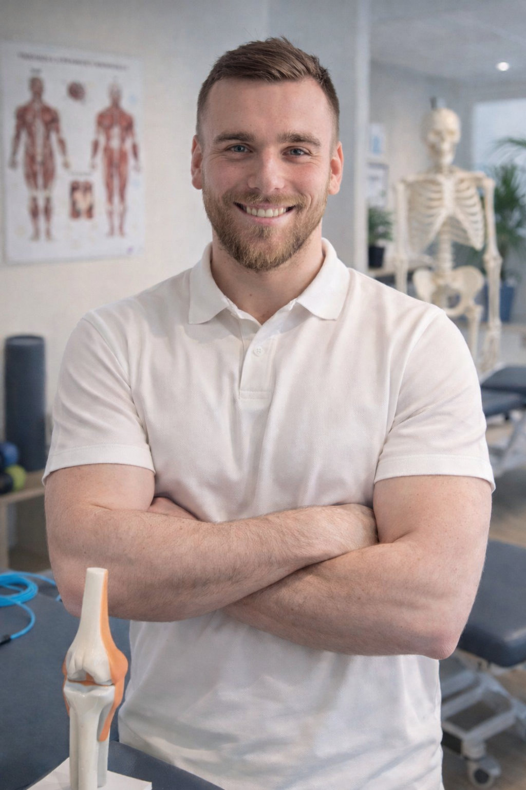 Un homme souriant avec bras croisés dans un centre de physiothérapie, avec un squelette humain en arrière-plan.