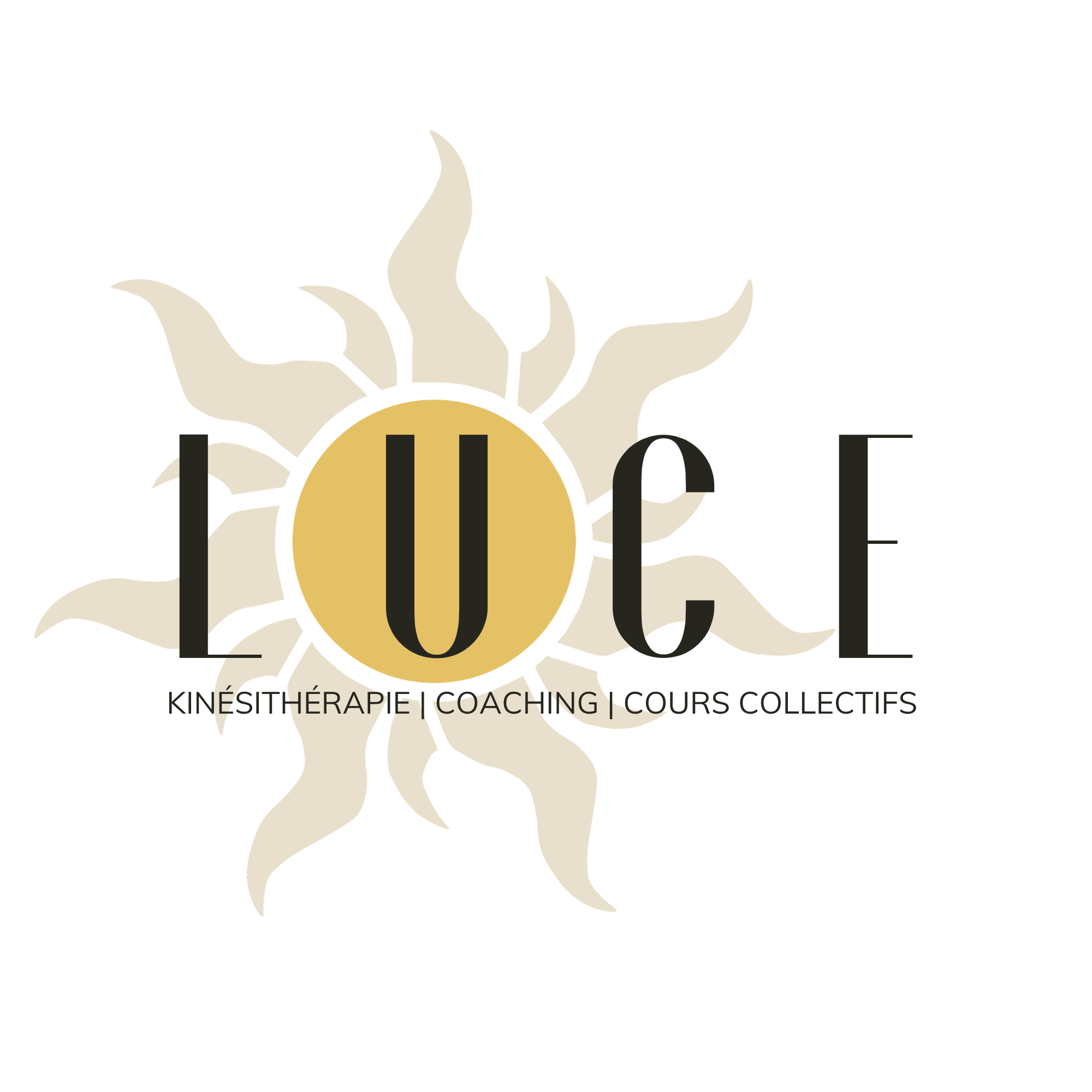 Logo avec un soleil doré, rayons blancs ondulés et le mot 'LOVE' écrit en noir, avec une ligne de texte en dessous en français et anglais : 'KINÉSITHÉRAPIE | COACHING | COURS COLLECTIFS'.