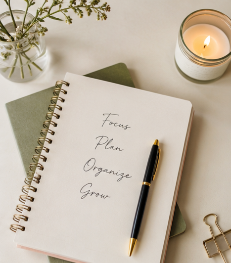 Open notebook with handwritten words 'Focus,' 'Plan,' 'Organize,' and 'Grow,' a black and gold pen on the page, nearby a candle, a green folder, a glass jar with white flowers, and a gold paperclip on a white surface.